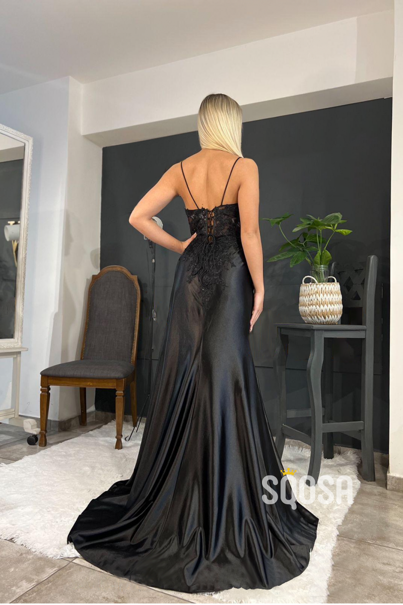 Modern Black Spaghetti Straps Satin Ball Gown Evening Dresses Sleeveless  Lace Appliques Backless Prom Quinceanera Dresses Plus Size Gowns From  150,42 € | DHgate